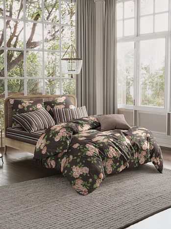 Постельное белье Rose garden, поплин, цветы, коричневый