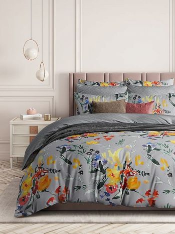Постельное белье Artistry, поплин, цветы, серый