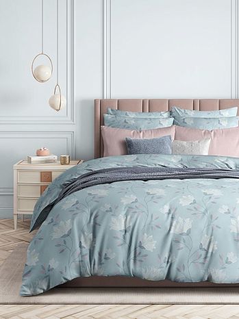 Постельное белье Clematis, сатин, цветы, голубой