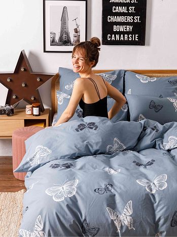 Постельное белье Butterflies, поплин, бабочки, серый